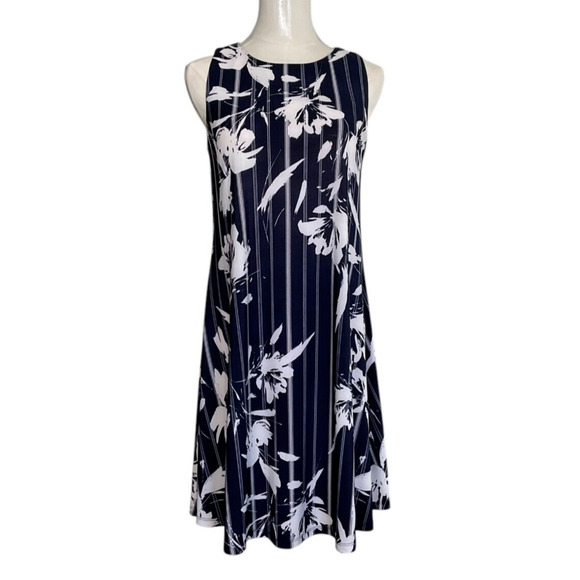 CHAPS Women's Sleeveless Navy Blue Floral Stripe A-Line Dress XS - Picture 1 of 12